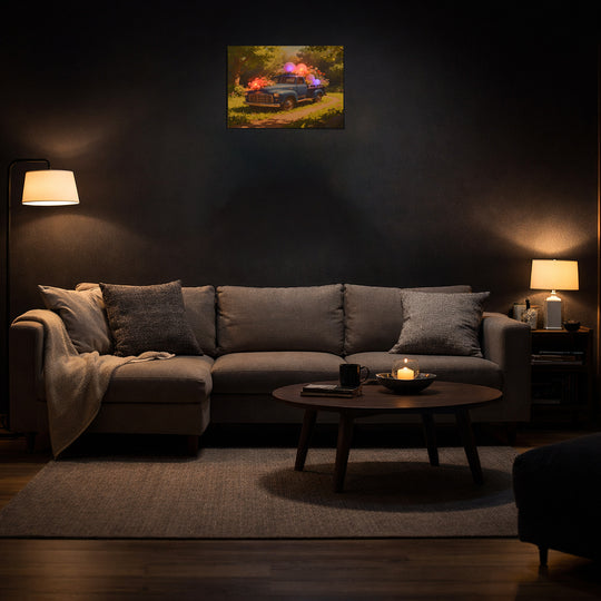 LIVMORE Klassisches Auto Landschaft Motiv LED Wandbild mit Farbwechsel Lichteffekt 30 x 40 cm