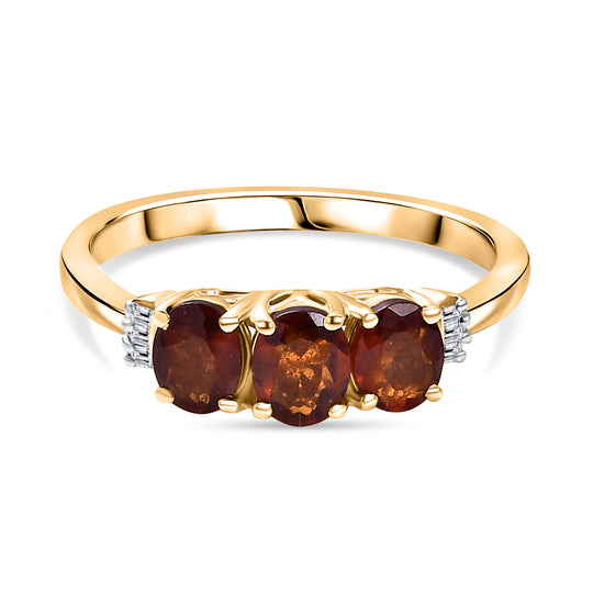 D'Joy AAA Hessonit Granat, Weißer Diamant Ring 925 Silber 750 Gelb Vergoldet (Größe 21.00) ca. 1,30 ct