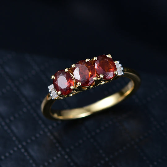 D'Joy AAA Hessonit Granat, Weißer Diamant Ring 925 Silber 750 Gelb Vergoldet (Größe 21.00) ca. 1,30 ct