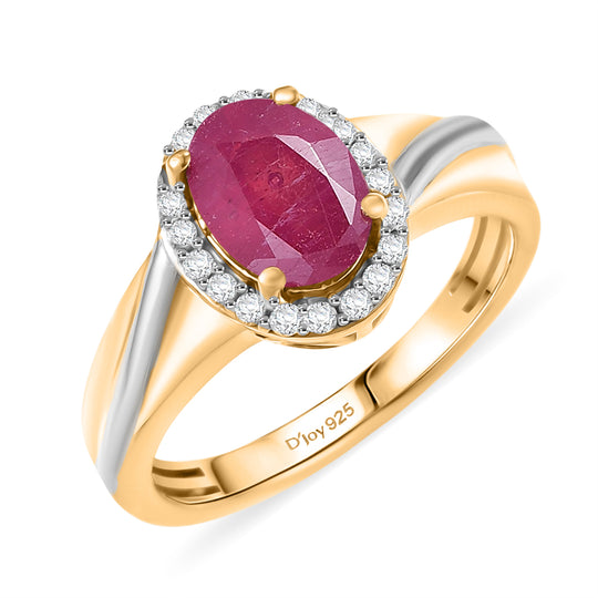D'Joy Afrikanischer Rubin (Fissure gefüllt), Weißer Zirkon Ring 925 Silber Platiniert und vergoldet (Größe 17.00) ca. 2,21 ct