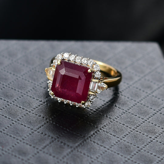 D'Joy ASSCHER SCHLIFF Afrikanischer Rubin (Fissure gefüllt), Weißer Topas Ring 925 Silber 750 Gelbgold Vermeil (Größe 18.00) ca. 8.59 ct