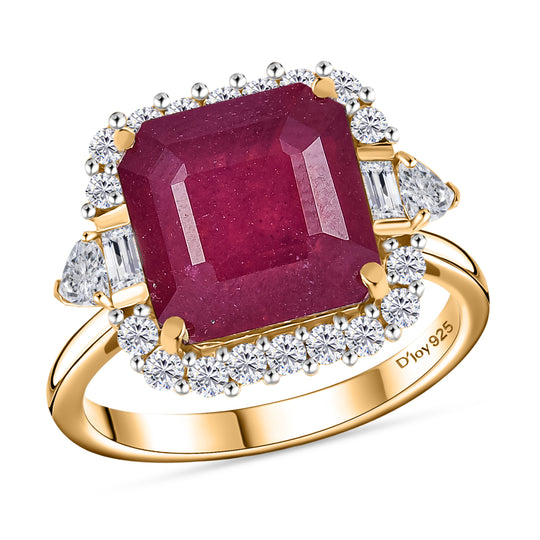 D'Joy ASSCHER SCHLIFF Afrikanischer Rubin (Fissure gefüllt), Weißer Topas Ring 925 Silber 750 Gelbgold Vermeil (Größe 18.00) ca. 8.59 ct
