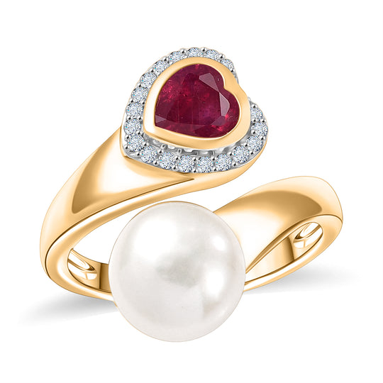 D'Joy Süßwasser Perle (9-9.5 mm), Afrikanischer Rubin (Fissure gefüllt) Ring 925 Silber 750 Gelbgold Vermeil (Größe 21.00)