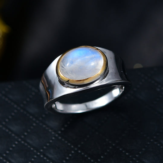 D'Joy AA Regenbogen Mondstein Ring 925 Silber Rhodiniert und 750 Gelbgold Vermeil (Größe 17.00) ca. 3,27 ct