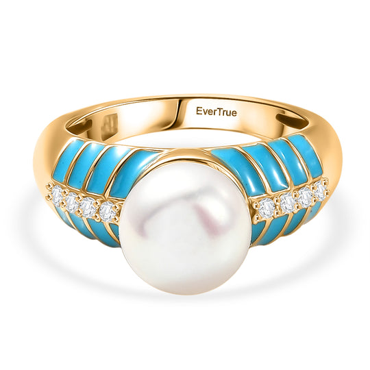 EVER TRUE Süßwasser Perle (9-9.5 mm), Weißer Zirkon Ring Nickelfreies Messing, Blaue Emailliert, goldfarben, (Größe 21.00)