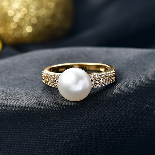 EVER TRUE Süßwasser Perle (9-9.5 mm), Weißer Zirkon Ring Nickelfreies Messing, goldfarben (Größe 21.00)