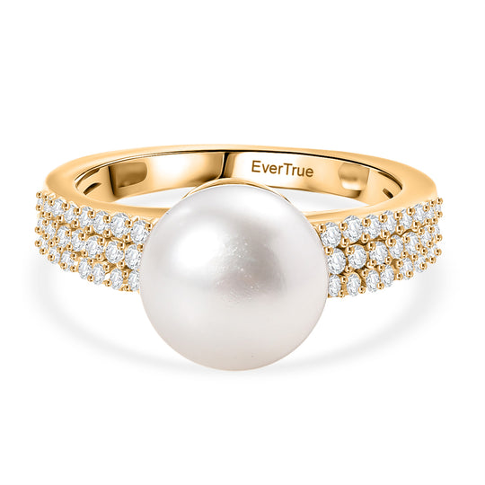 EVER TRUE Süßwasser Perle (9-9.5 mm), Weißer Zirkon Ring Nickelfreies Messing, goldfarben (Größe 21.00)