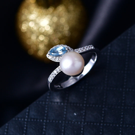 EVER TRUE Süßwasser Perle (7-7.5 mm), Himmelblauer Topas Ring Nickelfreies Messing (Größe 18.00)