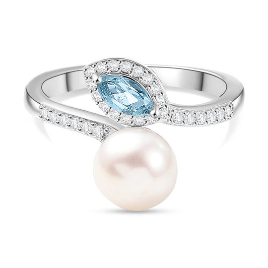 EVER TRUE Süßwasser Perle (7-7.5 mm), Himmelblauer Topas Ring Nickelfreies Messing (Größe 18.00)