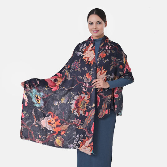 Black Floral Cashmere Wool Scarf