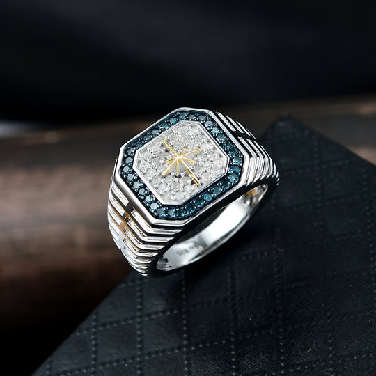 D'Joy Blauer Diamant, Weißer Diamant Ring 925 Silber Rhodiniert und 750 Gelbgold Vermeil (Größe 18.00) ca. 0.50 ct