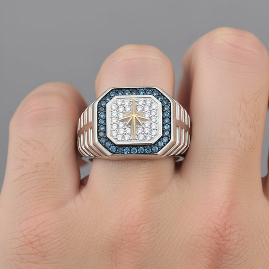 D'Joy Blauer Diamant, Weißer Diamant Ring 925 Silber Rhodiniert und 750 Gelbgold Vermeil (Größe 18.00) ca. 0.50 ct