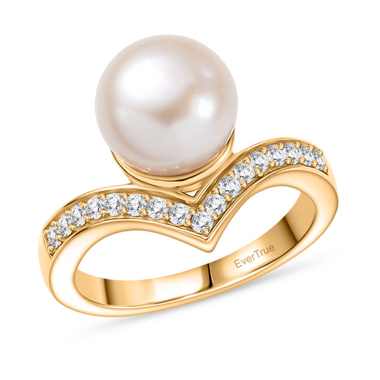 EVER TRUE Süßwasser Perle (9-9.5 mm), Weißer Zirkon Ring Nickelfreies Messing, goldfarben (Größe 20.00)