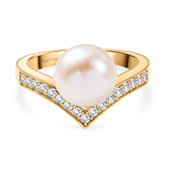 EVER TRUE Süßwasser Perle (9-9.5 mm), Weißer Zirkon Ring Nickelfreies Messing, goldfarben (Größe 20.00)