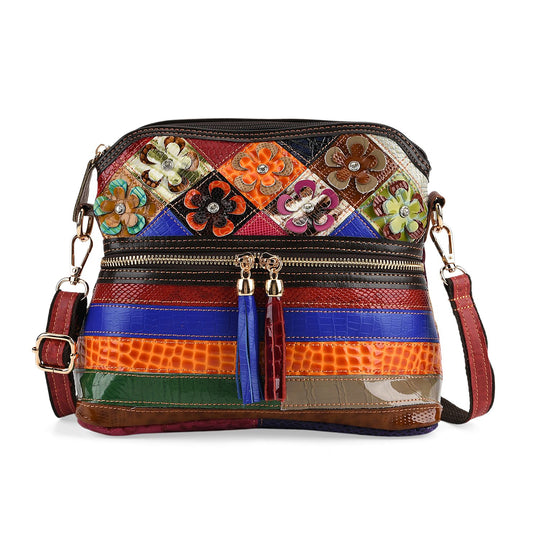 CHAOS BY ELSIE Leder Crossbody Tasche mit RFID Schutz und Reißverschlussfächern 25.5 x 10 x 22 cm Multicolor Rautenmuster