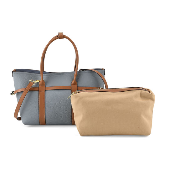 Leder Shopper Set 2 teilig mit Magnetfach und Reißverschlussfach 35 x 11 x 20 cm Weiß Braun