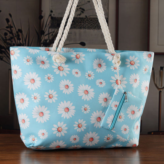 2er Set Sommertaschen, Blumenprint, 56 x 36 x 16 cm, Münzbeutel 15 x 12 cm, Schwarz