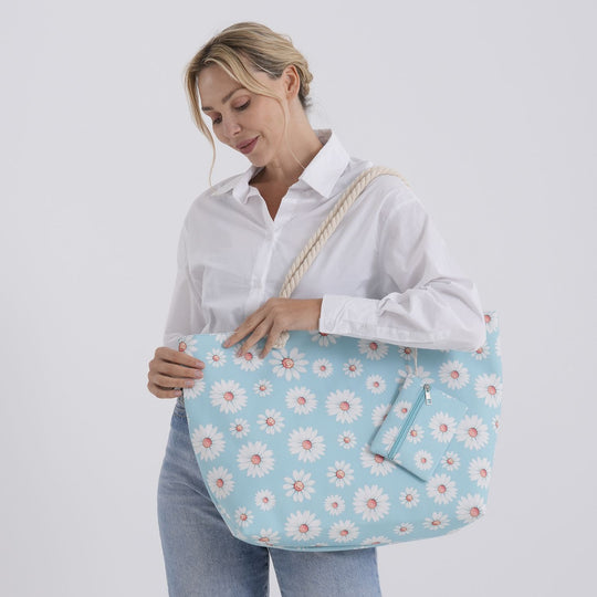 2er Set Sommertaschen, Blumenprint, 56 x 36 x 16 cm, Münzbeutel 15 x 12 cm, Schwarz