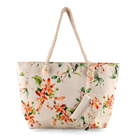 2er Set Sommertaschen, Blumenprint, 56 x 36 x 16 cm, Münzbeutel 15 x 12 cm, Schwarz