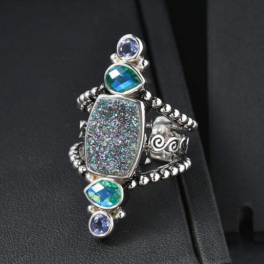 Sajen Silber - Drusy, Pfau Quarz Triplette, Iolit Ring 925 Silber rhodiniert (Größe 20.00) ca. 6.20 ct