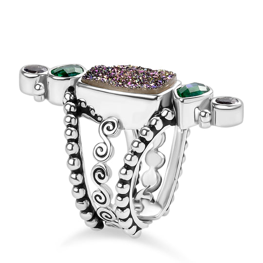 Sajen Silber - Drusy, Pfau Quarz Triplette, Iolit Ring 925 Silber rhodiniert (Größe 20.00) ca. 6.20 ct