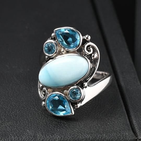 Sajen Silber - Larimar, Schweizer Blauer Quartz Dublett Ring 925 Silber rhodiniert (Größe 17.00) ca. 6.10 ct