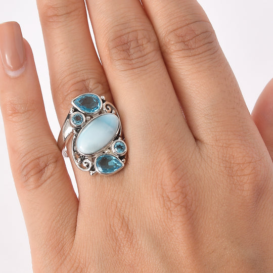 Sajen Silber - Larimar, Schweizer Blauer Quartz Dublett Ring 925 Silber rhodiniert (Größe 17.00) ca. 6.10 ct