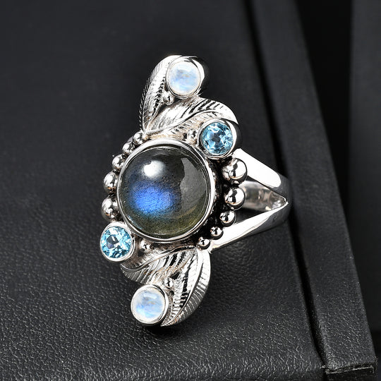 Sajen Silber - AAA Labradorit, Schweizer Blautopas, Schweizer Blautopas Ring 925 Silber rhodiniert (Größe 18.00) ca. 5.07 ct