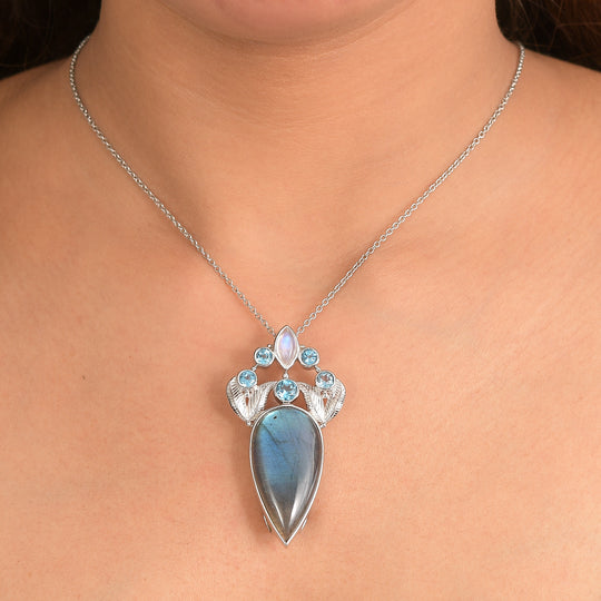 Sajen Silber - AAA Labradorit, Regenbogen Mondstein, Schweizer Blautopas Anhänger 925 Silber rhodiniert ca. 28.11 ct