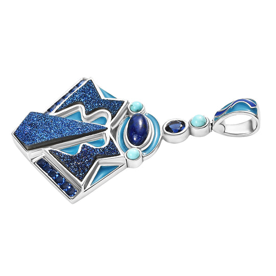 Sajen Silber - Blauer Drusy Quarz, Lapislazuli, Türkis Anhänger 925 Silber rhodiniert ca. 4.40 ct