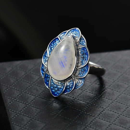 D'Joy AA Meetiyagoda Regenbogen Mondstein Ring 925 Silber rhodiniert (Größe 18.00) ca. 5.09 ct