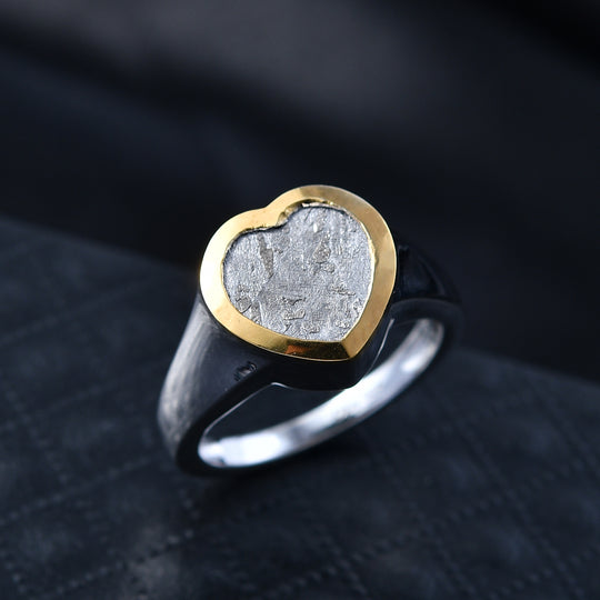 D'Joy Muonionalusta Meteorit Ring 925 Silber Rhodiniert und 750 Gelbgold Vermeil (Größe 19.00) ca. 8.16 ct