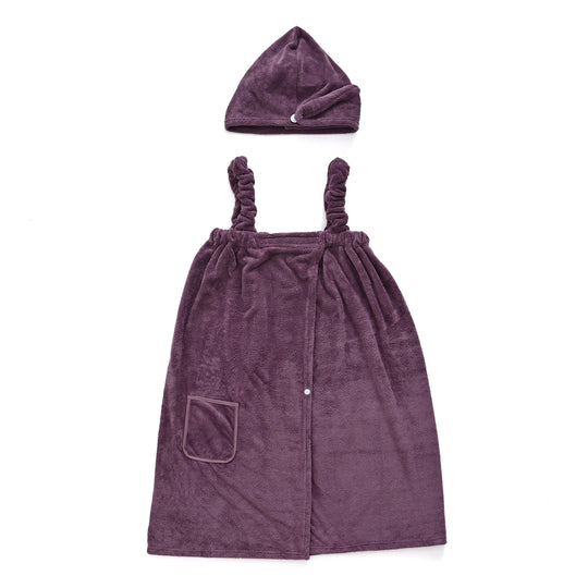 LIVMORE 2er-Set Plüsch-Badehandtuchkleid mit Trägern 140x82cm, Tasche und Haarturban, 260gsm 100% Polyester, Rosenrosa