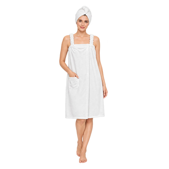 LIVMORE 2er-Set Plüsch-Badehandtuchkleid mit Trägern 140x82cm, Tasche und Haarturban, 260gsm 100% Polyester, Lila
