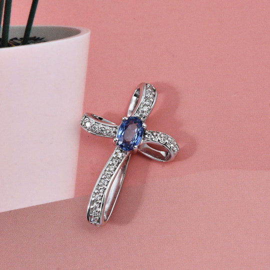 D'Joy Ceylon-Saphir, Weißer Zirkon Anhänger 925 Silber rhodiniert ca. 0.77 ct