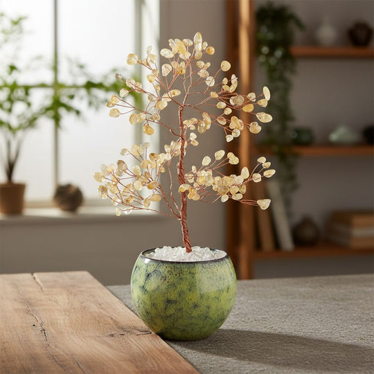 LIVMORE Edelsteinbaum mit 168 Citrin Perlen Keramikschale ca. 18 cm Gelb