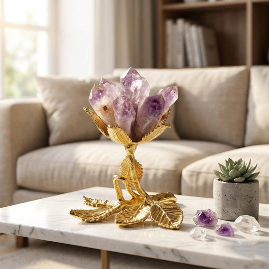 LIVMORE Edelsteinblüten Dekofigur mit goldfarbenem Metallsockel, Lila