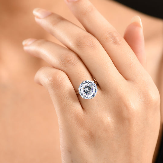 D'Joy 161 Facettiert Moissanit (Rund 12mm) Ring 925 Silber rhodiniert (Größe 20.00) ca. 6.75 ct