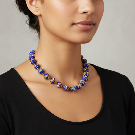 IL MURANO DI FRANCESCA - Blau Fiorato Kugel Collier ca. 50 cm 925 Silber 750 Gelb Vergoldet