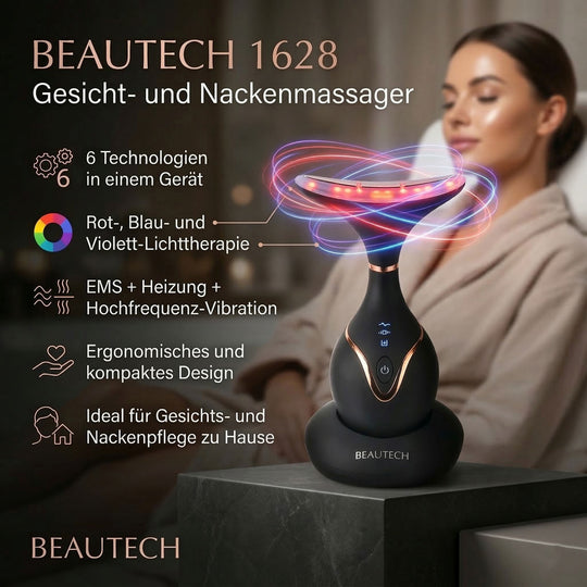 BEAUTECH Gesichts und Halsbehandlungs massagegerät, mit Nano-Lichttherapie, 1640 mAh, Schwarz