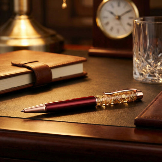 2er Set Kugelschreiber mit Ersatzmine, transparentes Design mit Goldfolien Detail, Rot
