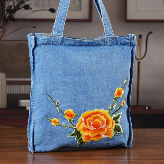"Profile: Tote bag Life style Color:blue with yellow rose embroidery wall(exterior):Polyester+Cotton Lining(interior): Polyester+Cotton Pockets(exterior):zipped-1 Pockets(interior):Pocket-1 SIZE:33*35*5cm"