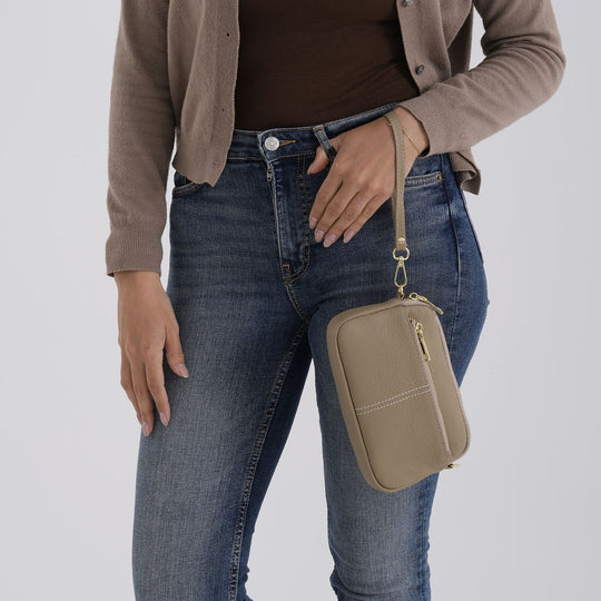 Echtes Leder Umhängetasche mit Reißverschluss 21 x 5 x 14 cm Khaki