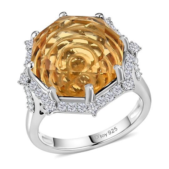 D'Joy Citrin, Moissanit Ring 925 Silber Rhodiniert (Größe 20.00) ca. 13,66 ct