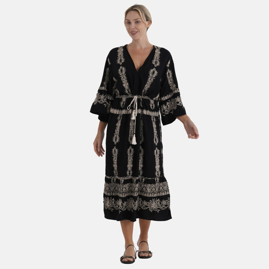 LA MAREY Baumwollkleid mit V Ausschnitt und elastischer Taille, Printdesign, Beige