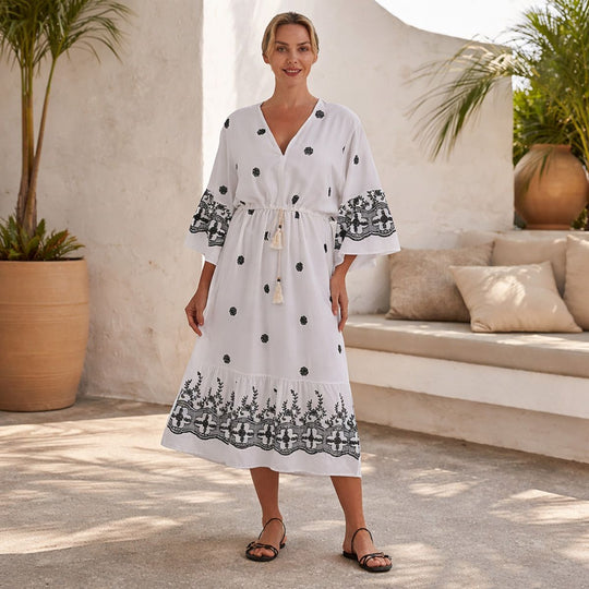 LA MAREY Baumwollkleid mit V Ausschnitt und elastischer Taille, Printdesign, 78 cm Brustweite, 128 cm Länge, bis zu Große XL, Weiß und Schwarz