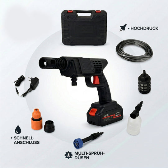 Kabelloser Akku-Hochdruckreiniger, 260 W, 2 Akkus je 6000 mAh, 5 m Wasserschlauch, Zubehör-Set, Schwarz