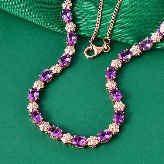 GP - AAA Rose De France Amethyst, Weißer Zirkon Halskette ca. 45 cm 925 Silber 750 Roségold Vermeil ca. 15,61 ct.