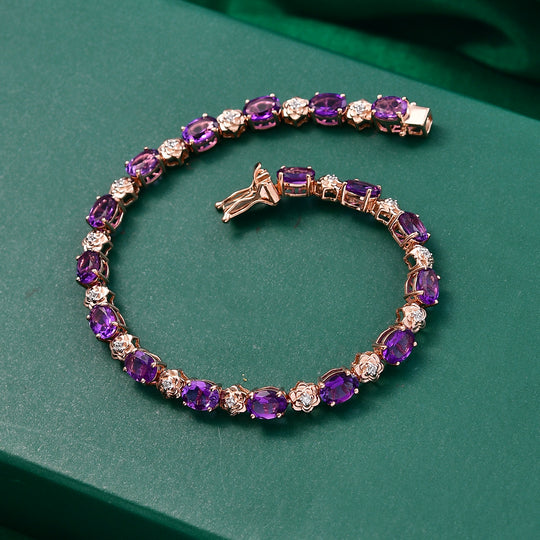 GP - AAA Rose De France Amethyst, Weißer Zirkon Armband ca. 19 cm 925 Silber 750 Roségold Vermeil ca. 12,92 ct.