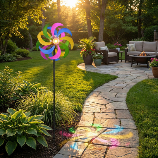 Solar Gartenleuchte Windrad, Eisen, 140 cm, Mehrfarbig